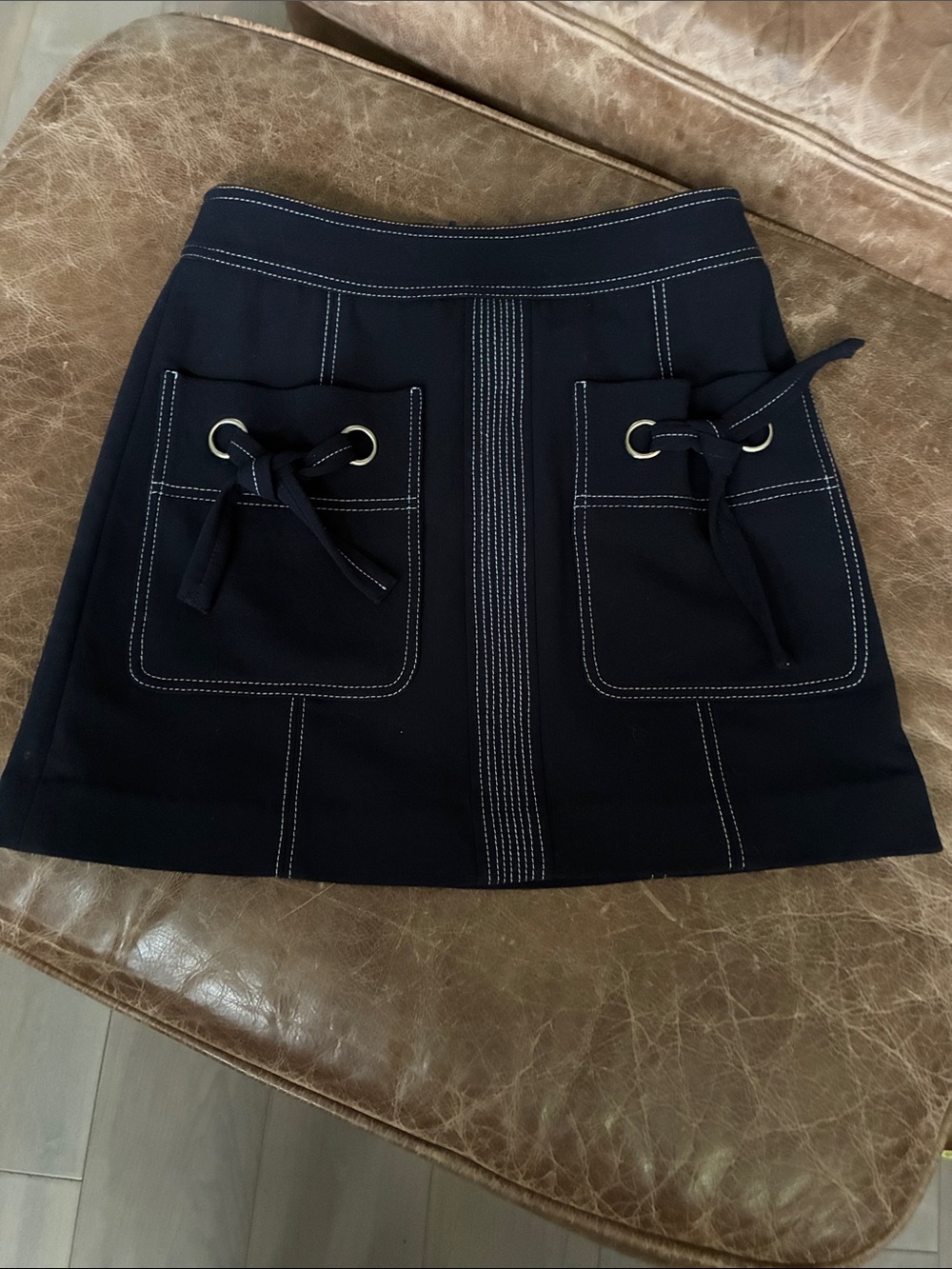 Veronica Beard Navy Mini Skirt with Front Pockets and Grommet Ties